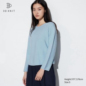 Uniqlo 3D Knit Seamless Cotton Crew Neck Women Jumper Light Blue US | DVMU-45326