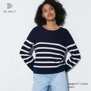 Uniqlo 3D Knit Seamless Cotton Crew Neck (Stripe) Women Jumper Navy US | OPZB-75209