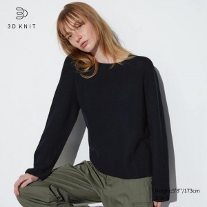 Uniqlo 3D Knit Seamless Cotton Crew Neck Women Jumper Black US | MZFT-74216