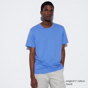 Uniqlo AIRism Cotton Crew Neck Men T-Shirt Blue US | OZXB-72956