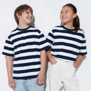 Uniqlo AIRism Cotton Crew Neck (Stripe) Kids' T-Shirt Navy US | PFHC-52610