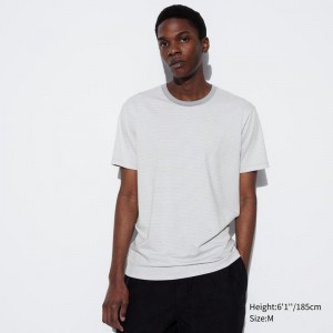 Uniqlo AIRism Cotton Crew Neck (Stripe) Men T-Shirt Grey US | HBQM-08457