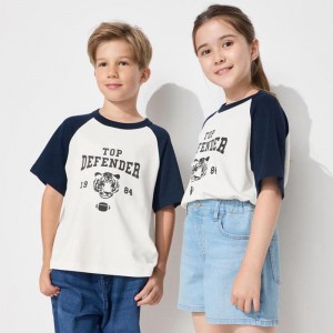 Uniqlo AIRism Cotton Graphic (Raglan) Kids' T-Shirt Off White US | QYJU-39248