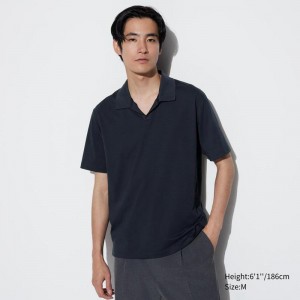 Uniqlo AIRism Cotton Jersey (Skipper Collar) Men Polo Shirt Navy US | EWZD-18607