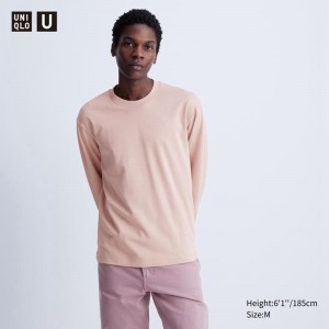 Uniqlo AIRism Cotton Oversized Crew Neck (Long Sleeve) Men T-Shirt Pink US | LQET-61835