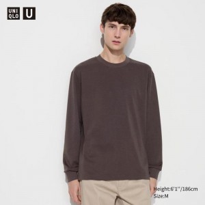 Uniqlo AIRism Cotton Oversized Crew Neck (Long Sleeve) Men T-Shirt Dark Brown US | XZWR-25493