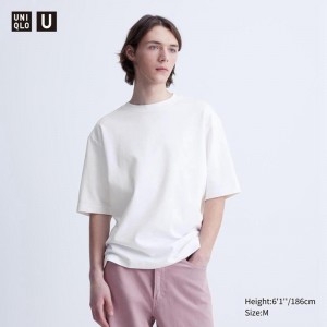 Uniqlo AIRism Cotton Oversized Crew Neck (Half Sleeve) Men T-Shirt White US | UKRQ-05714