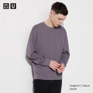 Uniqlo AIRism Cotton Oversized Crew Neck (Long Sleeve) Men T-Shirt Purple US | GPOA-29841