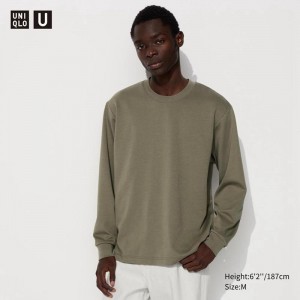 Uniqlo AIRism Cotton Oversized Crew Neck (Long Sleeve) Men T-Shirt Olive US | JGKO-69740