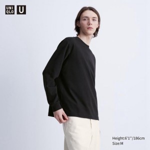 Uniqlo AIRism Cotton Oversized Crew Neck (Long Sleeve) Men T-Shirt Black US | NGIQ-73289