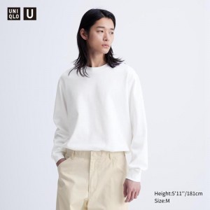 Uniqlo AIRism Cotton Oversized Crew Neck (Long Sleeve) Men T-Shirt White US | MUDJ-12748