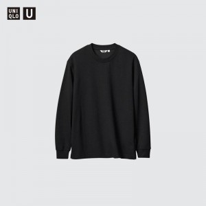 Uniqlo AIRism Cotton Oversized Crew Neck (Long Sleeve) Men T-Shirt Black US | YXGM-41950