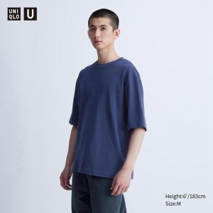 Uniqlo AIRism Cotton Oversized Crew Neck (Half Sleeve) Men T-Shirt Navy US | GBUX-94120