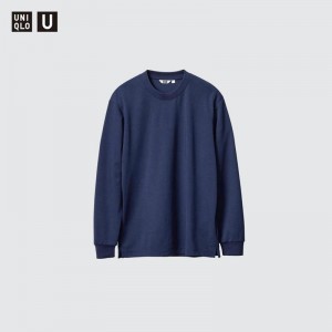 Uniqlo AIRism Cotton Oversized Crew Neck (Long Sleeve) Men T-Shirt Navy US | ZESG-97840