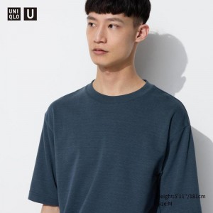 Uniqlo AIRism Cotton Oversized Mock Neck (Stripe, Half Sleeve) Men T-Shirt Blue US | VDZK-27645