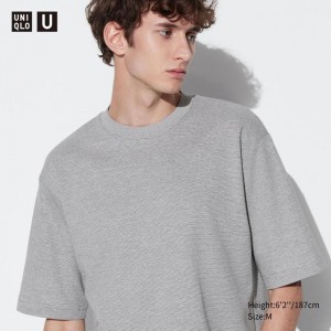 Uniqlo AIRism Cotton Oversized Mock Neck (Stripe, Half Sleeve) Men T-Shirt White US | YKPB-78031