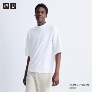 Uniqlo AIRism Cotton Oversized Mock Neck (Half Sleeve) Men T-Shirt White US | IQPF-57038