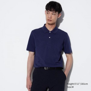 Uniqlo AIRism Cotton Piqué Men Polo Shirts Blue US | XBDC-02546