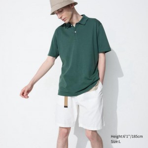 Uniqlo AIRism Cotton Piqué Men Polo Shirts Green US | JAXV-61920