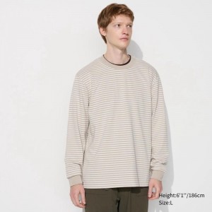 Uniqlo AIRism Cotton (Stripe, Long Sleeve) Men T-Shirt Beige US | QIYB-58921