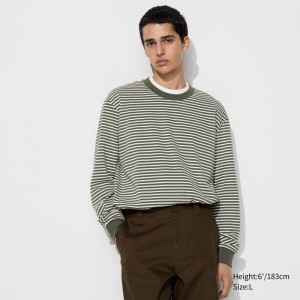 Uniqlo AIRism Cotton (Stripe, Long Sleeve) Men T-Shirt Olive US | OTXF-32698