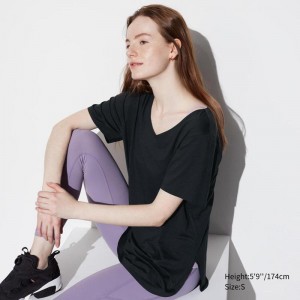 Uniqlo AIRism Seamless V Neck Longline Women T-Shirts Black US | NZJA-92483