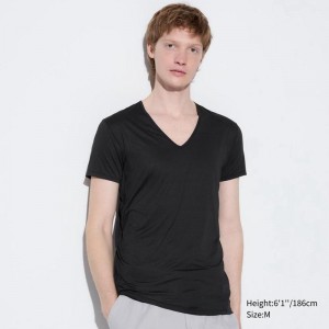 Uniqlo AIRism V Neck Men T-Shirt Black US | BXGN-84019