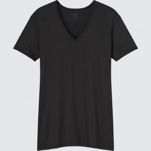 Uniqlo AIRism V Neck Men T-Shirt Black US | EZHW-19405