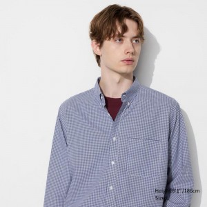 Uniqlo Broadcloth (Button-Down Collar, Check) Men Shirts Blue US | PBEV-74581