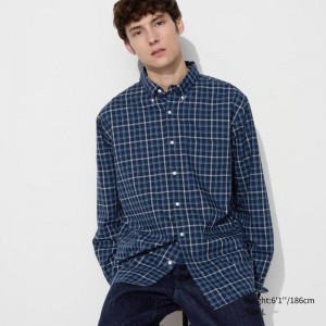 Uniqlo Broadcloth (Button-Down Collar, Check) Men Shirts Blue US | MFUQ-28561