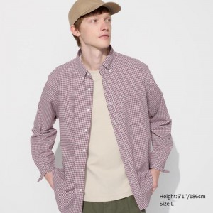 Uniqlo Broadcloth (Button-Down Collar, Check) Men Shirts Red US | AFQW-12806