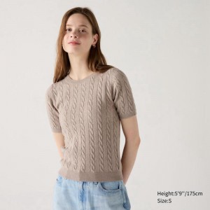 Uniqlo Cable Crew Neck Women Jumper Beige US | CKPY-52318