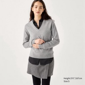 Uniqlo Cashmere V Neck Women Jumper Grey US | QZMH-42635