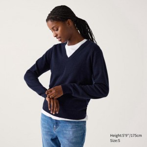 Uniqlo Cashmere V Neck Women Jumper Navy US | ZTGH-78403