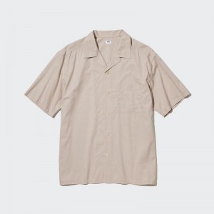 Uniqlo Casual (Short Sleeve, Open Collar) Men Shirts Beige US | LSCN-04316