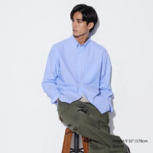 Uniqlo Cotton Broadcloth (Button-Down Collar) Men Shirts Blue US | GFNH-48967