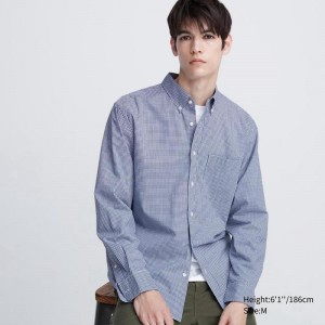 Uniqlo Cotton Broadcloth (Check, Button-Down Collar) Men Shirts Blue US | DGTB-76435