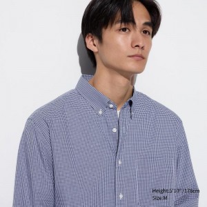 Uniqlo Cotton Broadcloth (Check, Button-Down Collar) Men Shirts Blue US | EUVD-31496