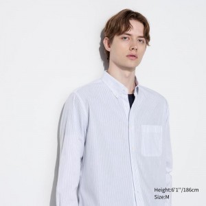 Uniqlo Cotton Broadcloth (Stripe, Button-Down Collar) Men Shirts Blue US | TYAI-72419