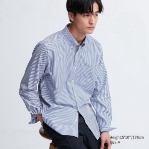 Uniqlo Cotton Broadcloth (Stripe, Button-Down Collar) Men Shirts Blue US | HVWU-56894