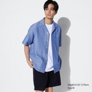 Uniqlo Cotton Linen Blend (Stripe, Short Sleeve, Open Collar) Men Shirts Blue US | OYJV-46397