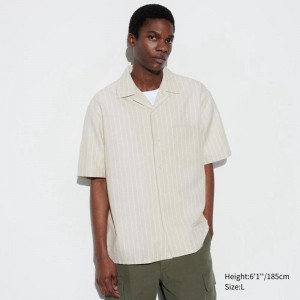 Uniqlo Cotton Linen Blend (Stripe, Short Sleeve, Open Collar) Men Shirts Beige US | AHLN-67419