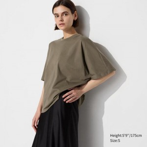 Uniqlo Cotton Relaxed Half Sleeve Women T-Shirts Olive US | HXRQ-61084