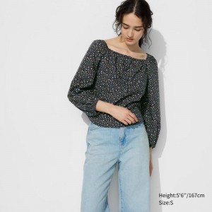 Uniqlo Cotton Square Neck (Print) Women Blouse Navy US | AZXN-54270