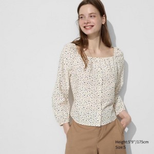 Uniqlo Cotton Square Neck (Print) Women Blouse Off White US | JMLG-36952