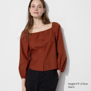 Uniqlo Cotton Square Neck Women Blouse Brown US | LZNQ-54396