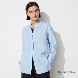 Uniqlo Cotton Women Shirts Light Blue US | ANPV-91850