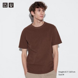 Uniqlo Crew Neck Short Sleeved Men T-Shirt Brown US | MPYR-04728