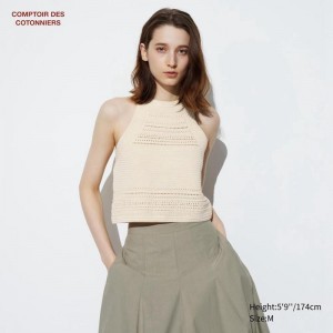 Uniqlo Crochet Sleeveless Women Jumper Natural US | OAXN-18205