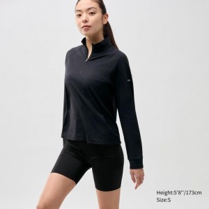 Uniqlo DRY-EX Half-Zip Women T-Shirts Black US | PCDG-15964